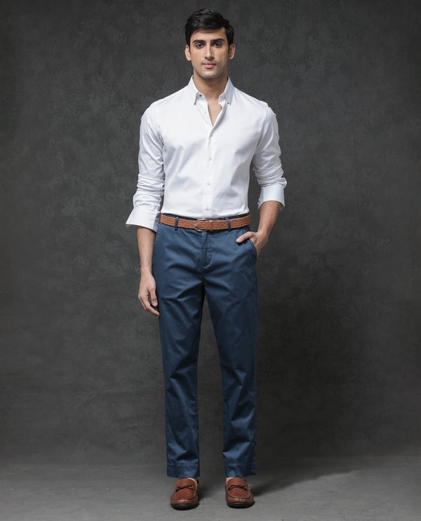 Rare Rabbit Mens Comotel Teal Cotton Linen Satin Stretch Regular Fit Mid Rise Solid Trousers