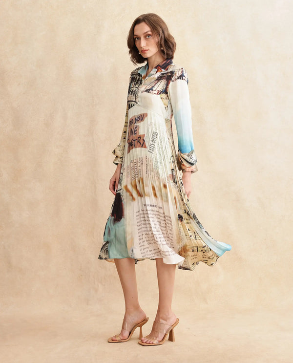 Rareism Women Comros Multi Satin Cuffed Sleeve Collared Neck Button Closure Flared Maxi Abstract Print Dress
