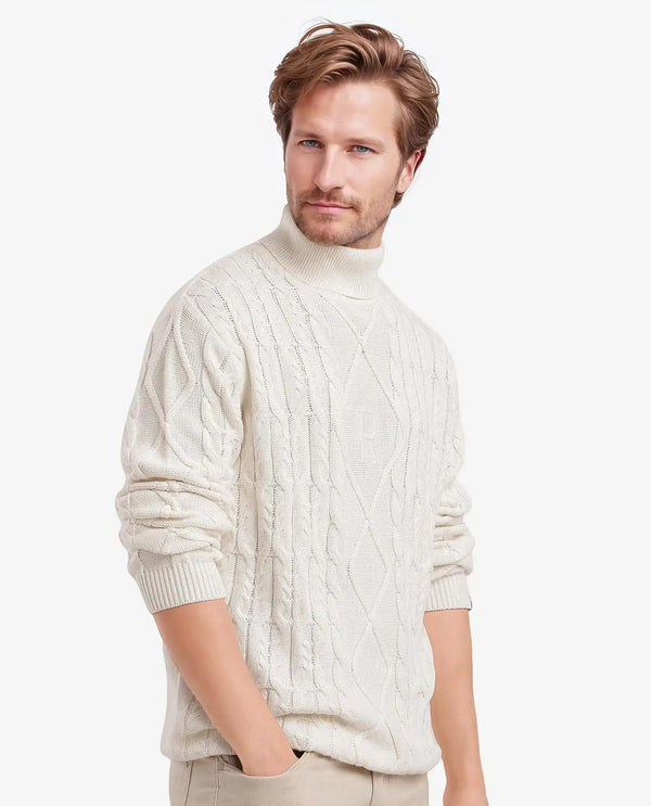 Rare Rabbit Men's Cong-1 White Cotton Fabric Full Sleeve Turtleneck Cable Knit Sweater