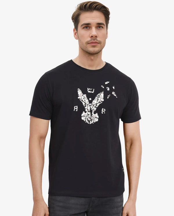 Rare Rabbit Men Conno Black Cotton Lycra Fabric Short Sleeve Crew Neck Regular Fit Graphic Logo Print T-Shirt