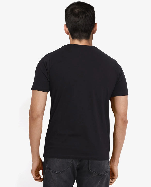 Rare Rabbit Men Conno Black Cotton Lycra Fabric Short Sleeve Crew Neck Regular Fit Graphic Logo Print T-Shirt