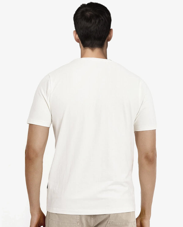 Rare Rabbit Men Conno Off White Cotton Lycra Fabric Short Sleeve Crew Neck Regular Fit Graphic Logo Print T-Shirt