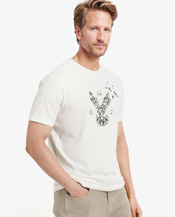 Rare Rabbit Men Conno Off White Cotton Lycra Fabric Short Sleeve Crew Neck Regular Fit Graphic Logo Print T-Shirt