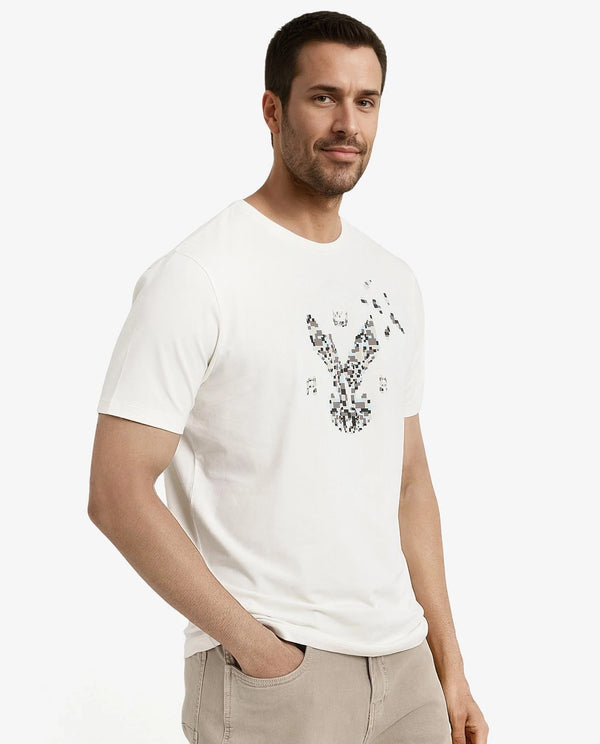 Rare Rabbit Men Conno Off White Cotton Lycra Fabric Short Sleeve Crew Neck Oversized Fit Graphic Logo Print T-Shirt