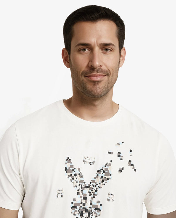 Rare Rabbit Men Conno Off White Cotton Lycra Fabric Short Sleeve Crew Neck Oversized Fit Graphic Logo Print T-Shirt