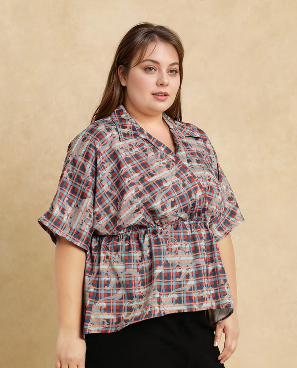 Rareism Women Copo Dark Multi Polyester Fabric Kimono Sleeve Jonny Collar Geometric Print Top