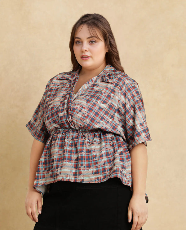 Rareism Women Copo Dark Multi Polyester Fabric Kimono Sleeve Jonny Collar Geometric Print Top