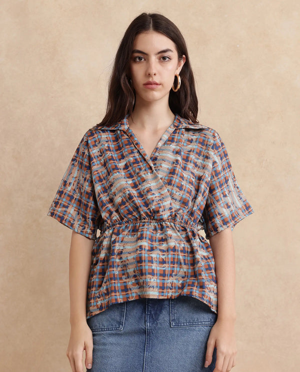 Rareism Women Copo Dark Multi Polyester Fabric Kimono Sleeve Jonny Collar Geometric Print Top