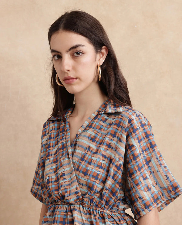 Rareism Women Copo Dark Multi Polyester Fabric Kimono Sleeve Jonny Collar Geometric Print Top