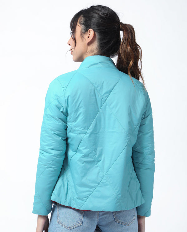 Rareism Women Cora Blue Polyester Fabric Full Sleeves Solid High Neck Jacket