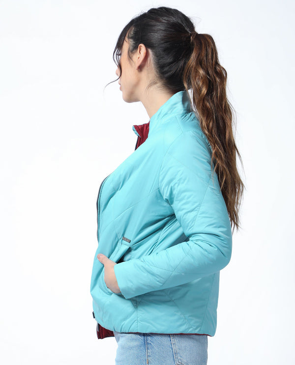 Rareism Women Cora Blue Polyester Fabric Full Sleeves Solid High Neck Jacket