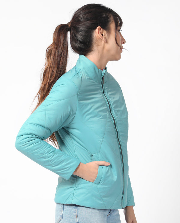 Rareism Women Cora Blue Polyester Fabric Full Sleeves Solid High Neck Jacket