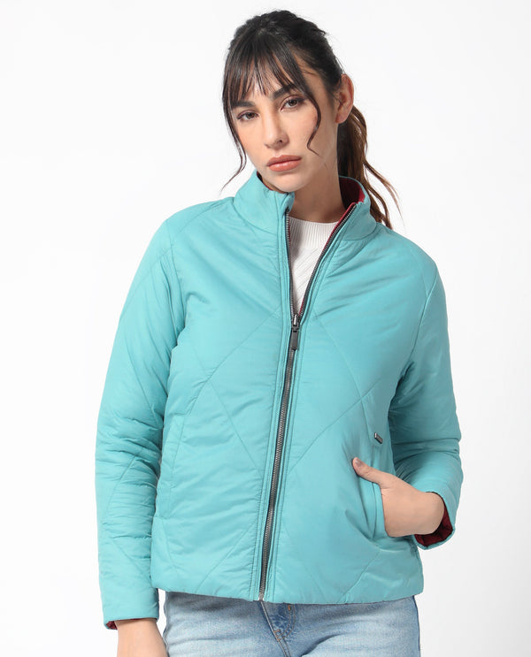 Rareism Women Cora Blue Polyester Fabric Full Sleeves Solid High Neck Jacket