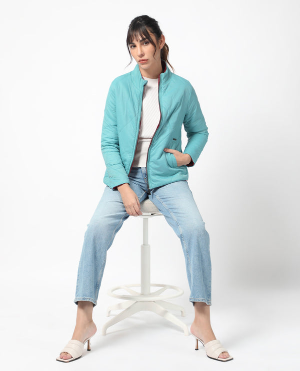 Rareism Women Cora Blue Polyester Fabric Full Sleeves Solid High Neck Jacket