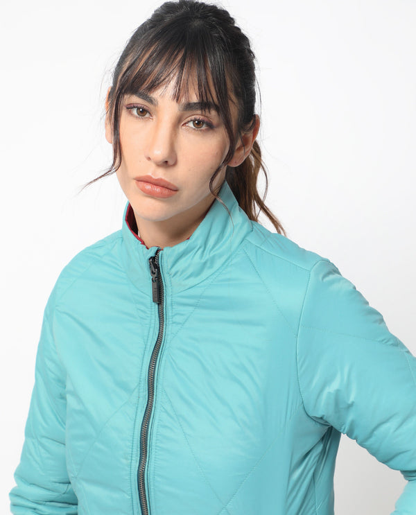 Rareism Women Cora Blue Polyester Fabric Full Sleeves Solid High Neck Jacket