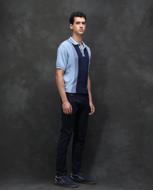 Rare Rabbit Mens Cordon Dark Navy Cotton Polyester Solid Slim Fit Mid Rise Jeans
