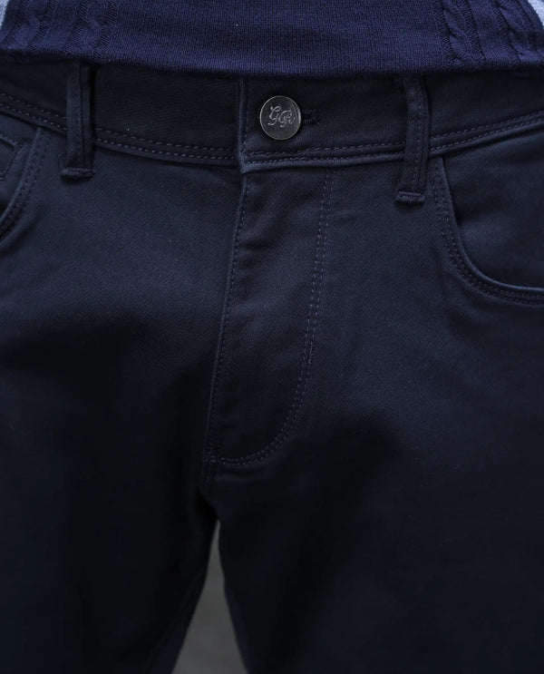 Rare Rabbit Mens Cordon Dark Navy Cotton Polyester Solid Slim Fit Mid Rise Jeans