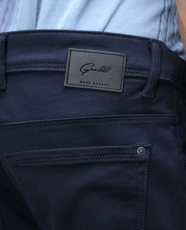 Rare Rabbit Mens Cordon Dark Navy Cotton Polyester Solid Slim Fit Mid Rise Jeans
