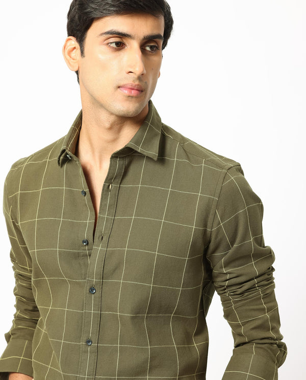Rare Rabbit Men's Corneto Olive Cotton Fabric Full Sleeves Checks Shirt