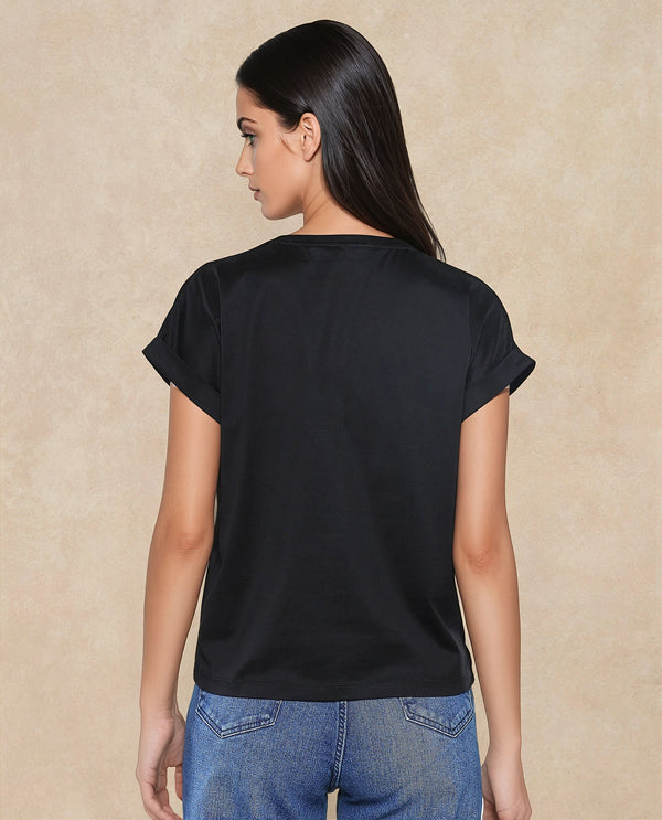 Rareism Women Cors Black Cotton Blend Fabric Extended Sleeves Crew Neck Relaxed Fit Plain T-Shirt