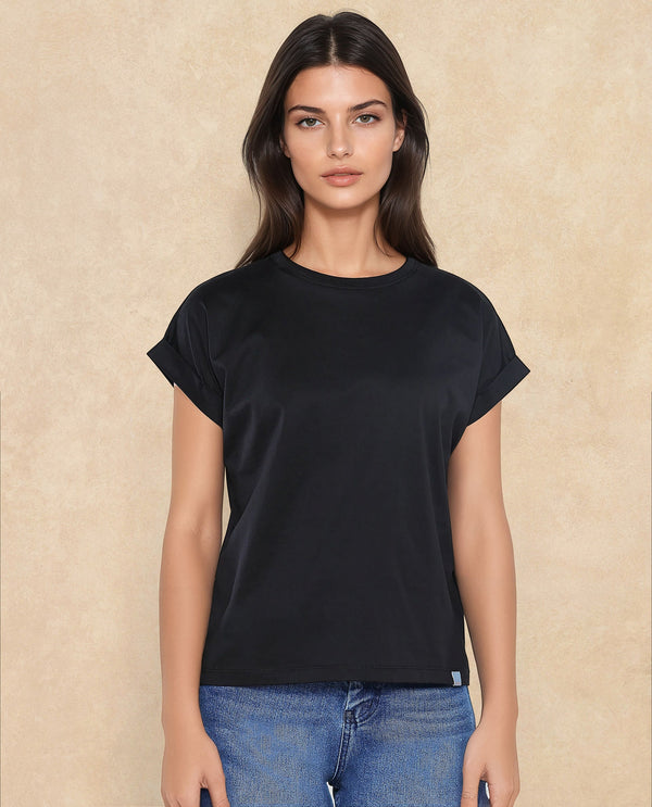 Rareism Women Cors Black Cotton Blend Fabric Extended Sleeves Crew Neck Relaxed Fit Plain T-Shirt