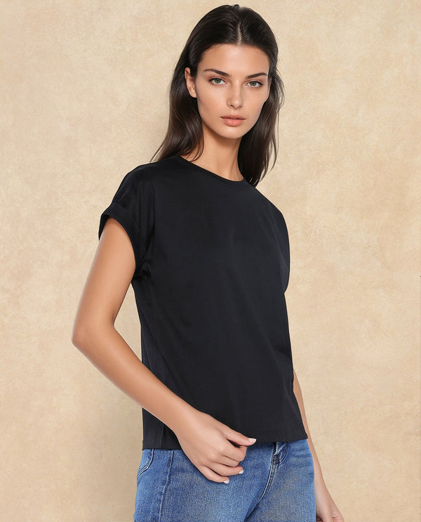 Rareism Women Cors Black Cotton Blend Fabric Extended Sleeves Crew Neck Relaxed Fit Plain T-Shirt