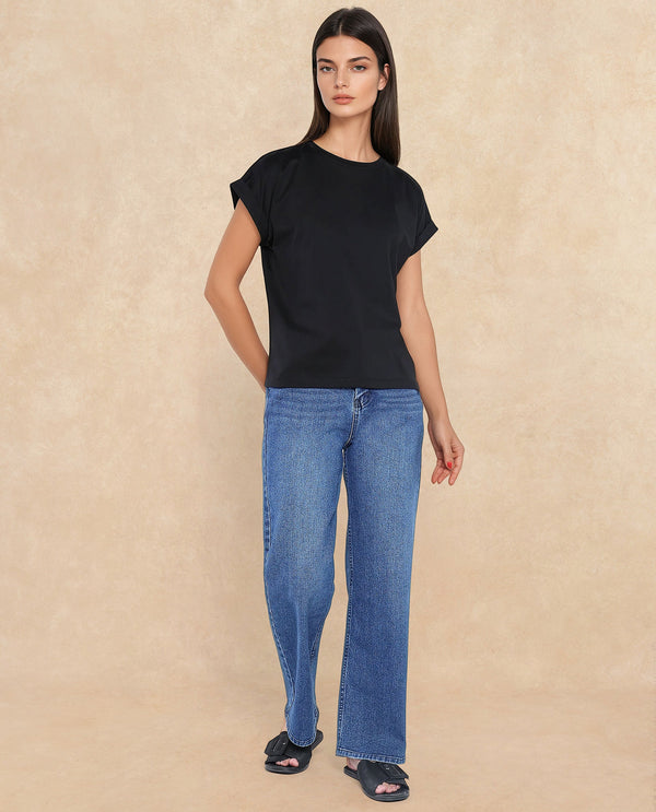 Rareism Women Cors Black Cotton Blend Fabric Extended Sleeves Crew Neck Relaxed Fit Plain T-Shirt