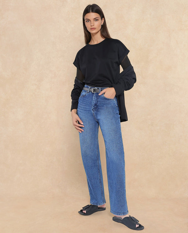 Rareism Women Cors Black Cotton Blend Fabric Extended Sleeves Crew Neck Relaxed Fit Plain T-Shirt
