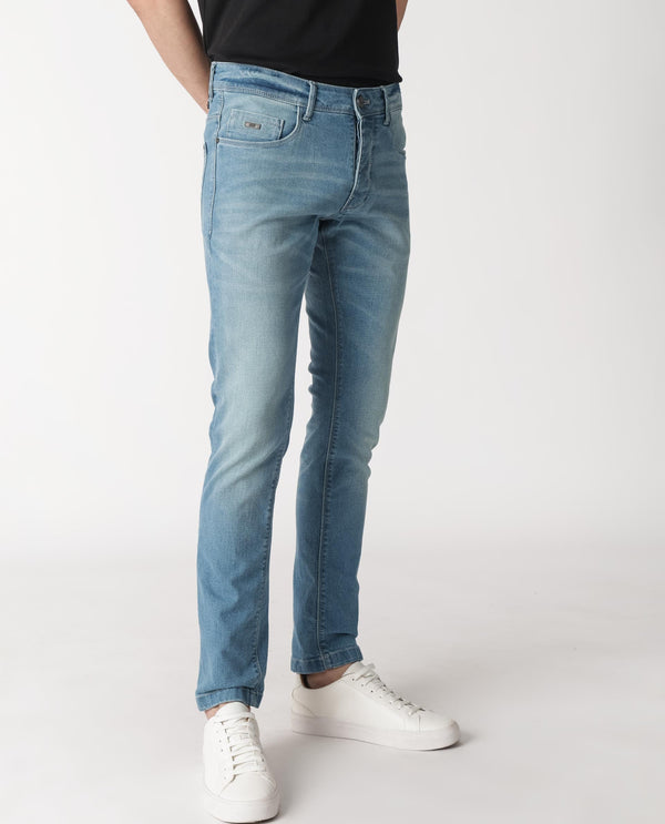 Rare Rabbit Men's Corsica Blue Mid Wash Mid-Rise Slim Fit Jeans