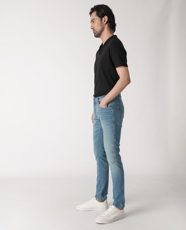Rare Rabbit Men's Corsica Blue Mid Wash Mid-Rise Slim Fit Jeans