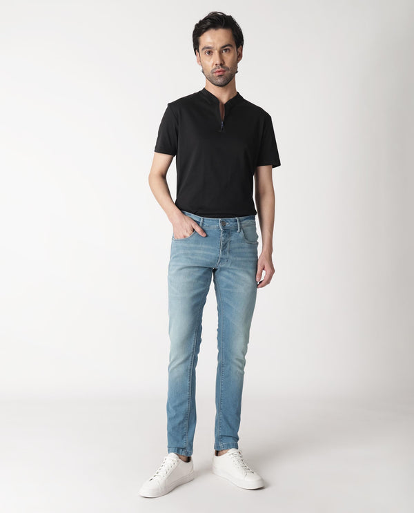 Rare Rabbit Men's Corsica Blue Mid Wash Mid-Rise Slim Fit Jeans