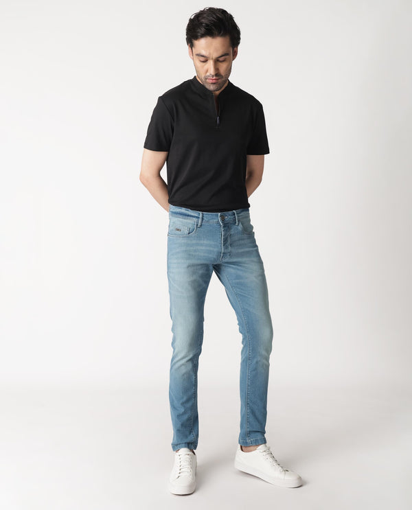 Rare Rabbit Men's Corsica Blue Mid Wash Mid-Rise Slim Fit Jeans