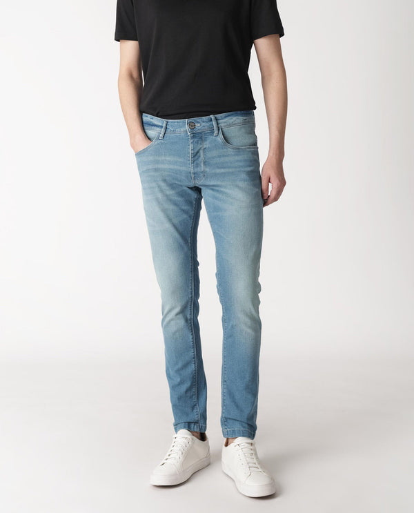 Rare Rabbit Men's Corsica Blue Mid Wash Mid-Rise Slim Fit Jeans