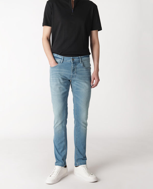 Rare Rabbit Men's Corsica Blue Mid Wash Mid-Rise Slim Fit Jeans