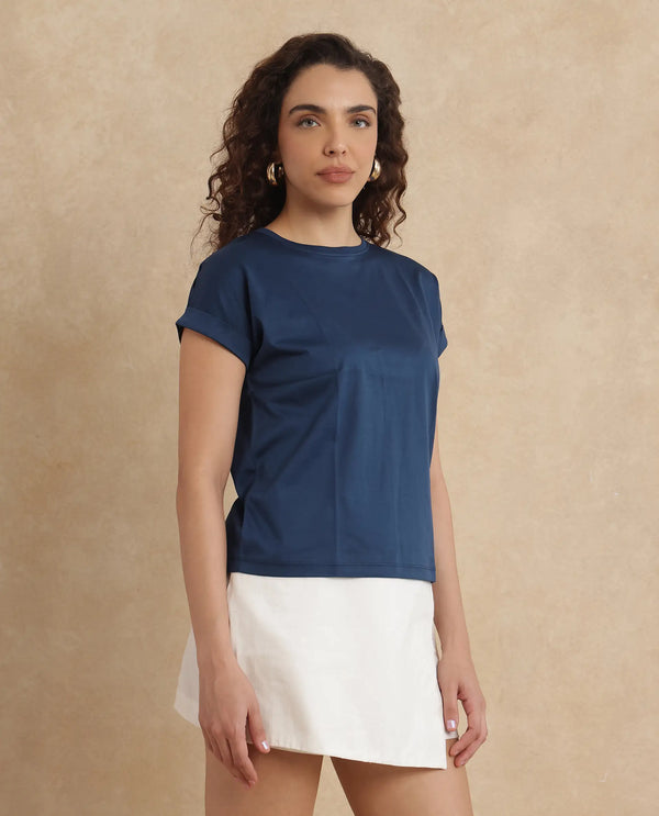 Rareism Women Cors Navy Cotton Blend Fabric Extended Sleeves Crew Neck Relaxed Fit Plain T-Shirt