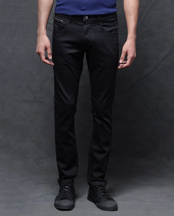 Rare Rabbit Men Corvo Black Cotton Polyester Fabric Dark Wash Slim Fit Plain Denim Jeans