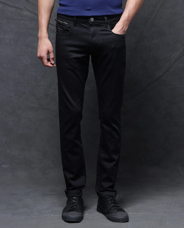 Rare Rabbit Men Corvo Black Cotton Polyester Fabric Dark Wash Slim Fit Plain Denim Jeans