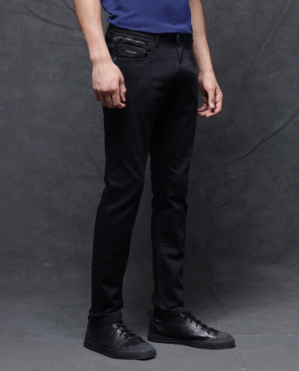Rare Rabbit Men Corvo Black Cotton Polyester Fabric Dark Wash Slim Fit Plain Denim Jeans