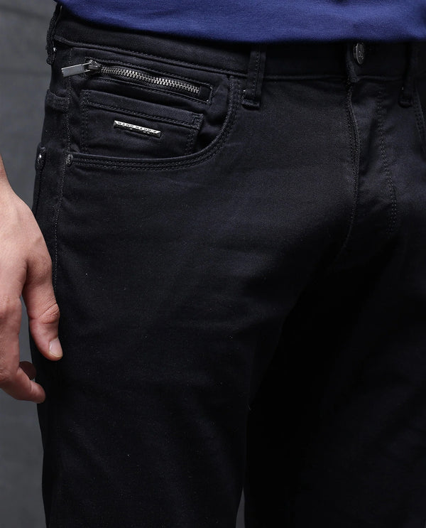 Rare Rabbit Men Corvo Black Cotton Polyester Fabric Dark Wash Slim Fit Plain Denim Jeans