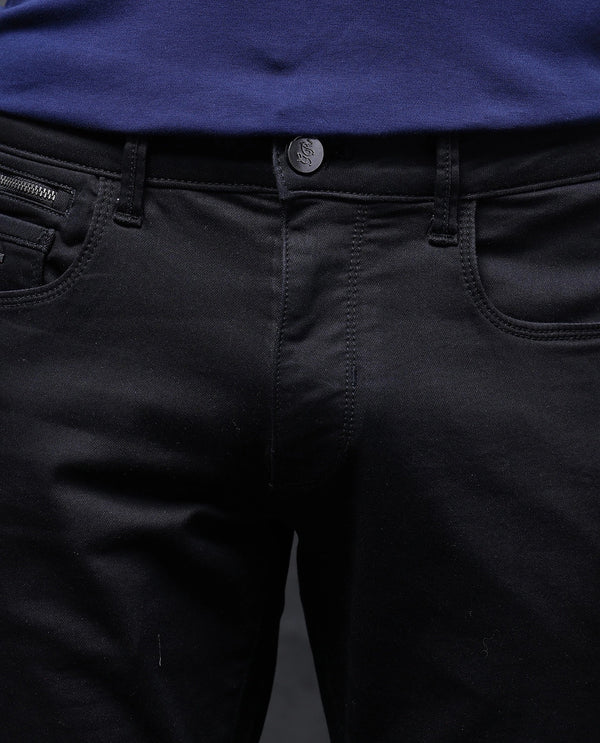 Rare Rabbit Men Corvo Black Cotton Polyester Fabric Dark Wash Slim Fit Plain Denim Jeans