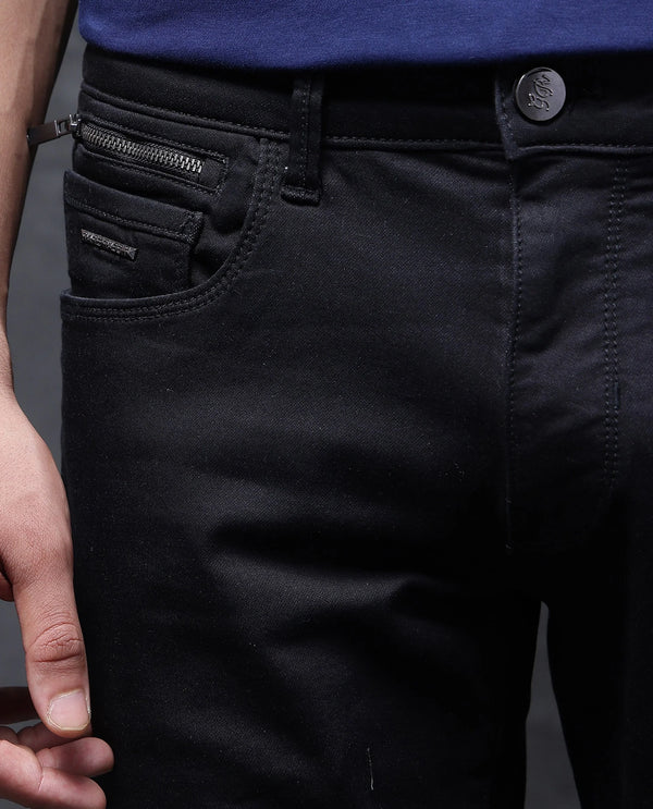 Rare Rabbit Men Corvo Black Cotton Polyester Fabric Dark Wash Slim Fit Plain Denim Jeans