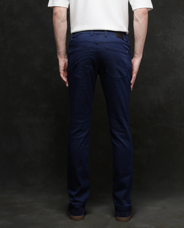 Rare Rabbit Men Corvo Blue Cotton Polyester Fabric Slim Fit Plain Denim Pant