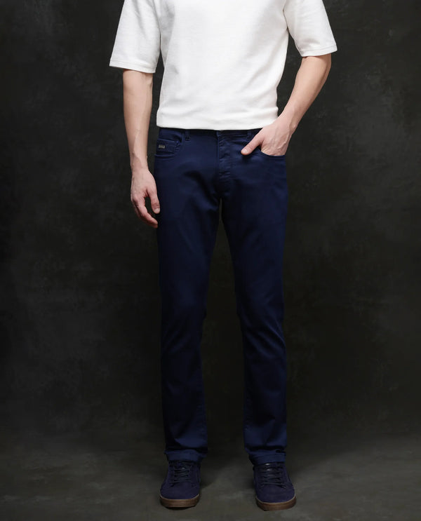 Rare Rabbit Men Corvo Blue Cotton Polyester Fabric Slim Fit Plain Denim Pant