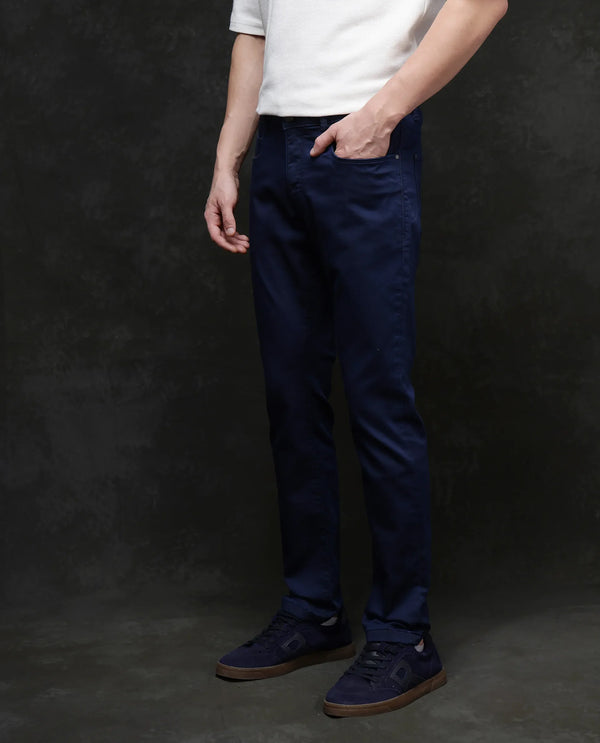 Rare Rabbit Men Corvo Blue Cotton Polyester Fabric Slim Fit Plain Denim Pant