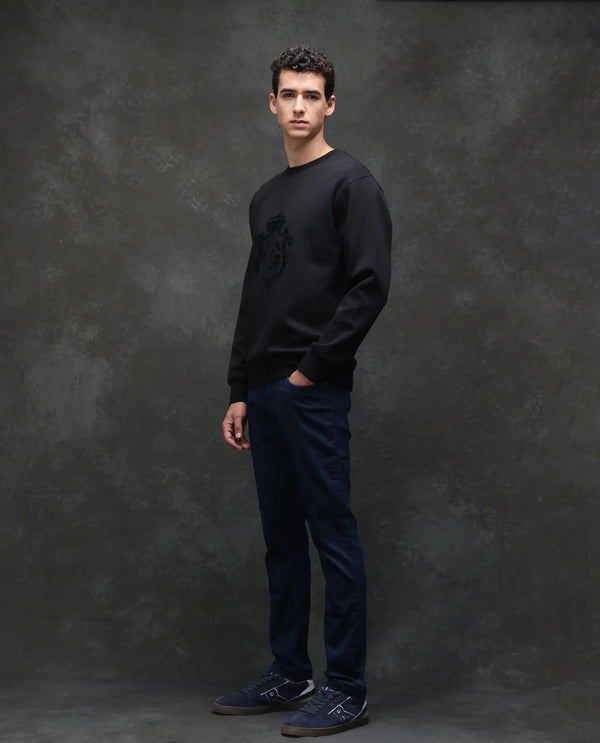 Rare Rabbit Men Corvo Blue Cotton Polyester Fabric Slim Fit Plain Denim Pant