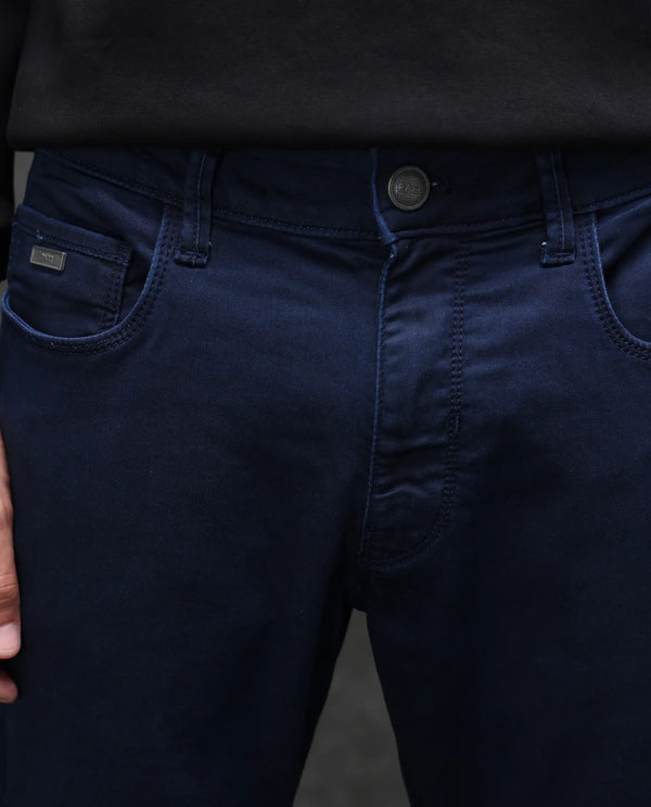 Rare Rabbit Men Corvo Blue Cotton Polyester Fabric Slim Fit Plain Denim Pant