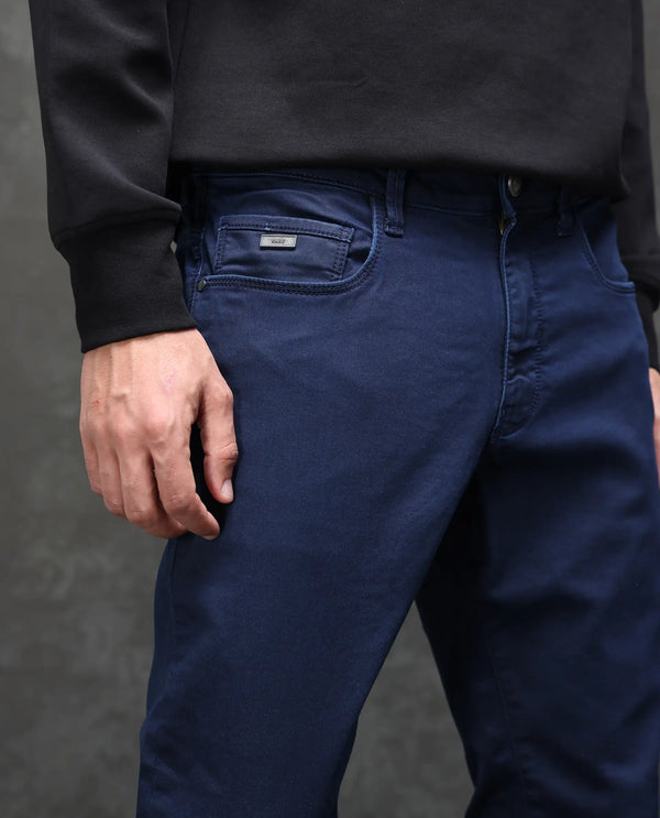 Rare Rabbit Men Corvo Blue Cotton Polyester Fabric Slim Fit Plain Denim Pant