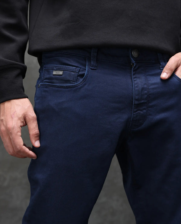 Rare Rabbit Men Corvo Blue Cotton Polyester Fabric Slim Fit Plain Denim Pant