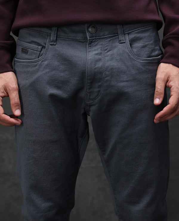Rare Rabbit Men Corvo Dark Grey Cotton Polyester Fabric Slim Fit Plain Denim Pant