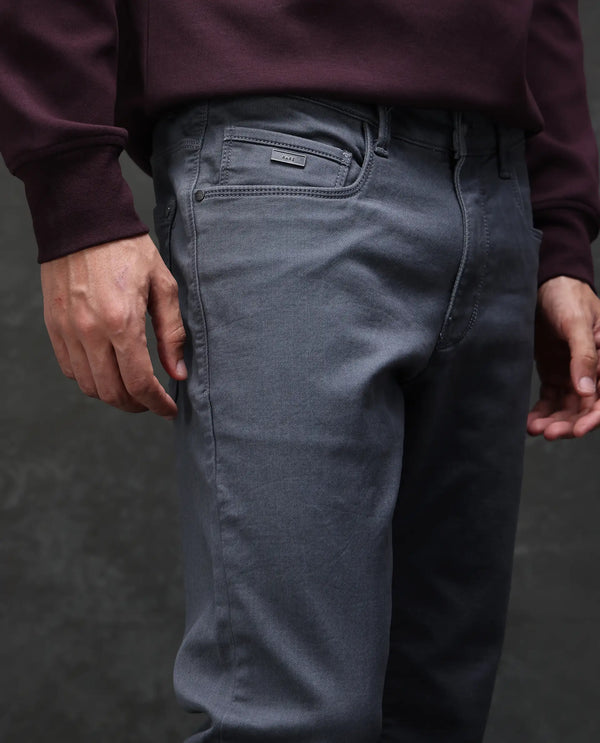 Rare Rabbit Men Corvo Dark Grey Cotton Polyester Fabric Slim Fit Plain Denim Pant